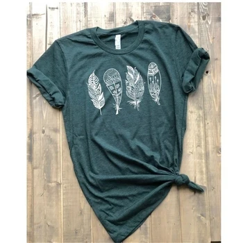 

Feather Print T shirt Women Round Neck Short Sleeve Vogue Graphic Tees Female Summer Harajuku T-shirt Casual Women's T-shirts