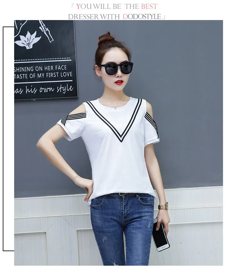 Casual T-shirts Women 2018 Fashion Patchwork Tops Tees Femme Short Sleeve Open Shoulder Tshirts Femininas Poleras Mujer (5)