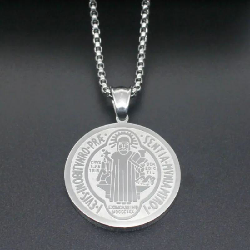 Stainless Steel Pendant Necklace Round Saint Benedict Exorcist Tag