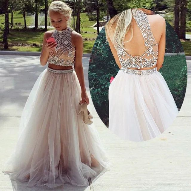 Real Sample Two Pieces Crystal Beads Prom Dresses Sexy High Neck Crop ...