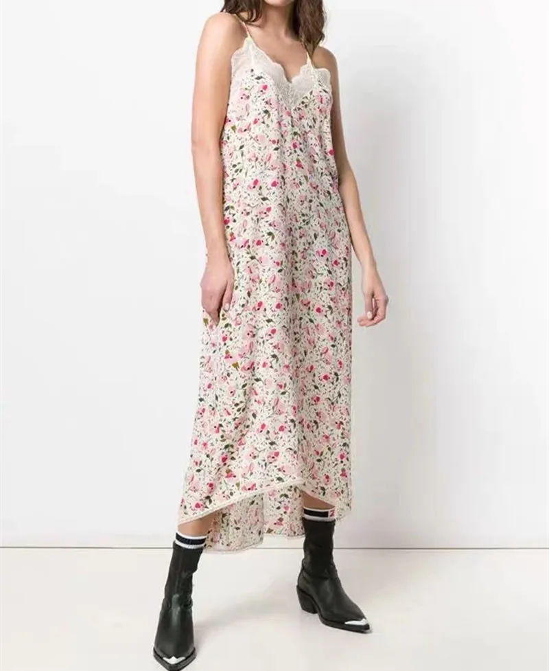 

Women's Dress Summer 2019 New Style Long Lace Pink Sexy Spaghetti Strap