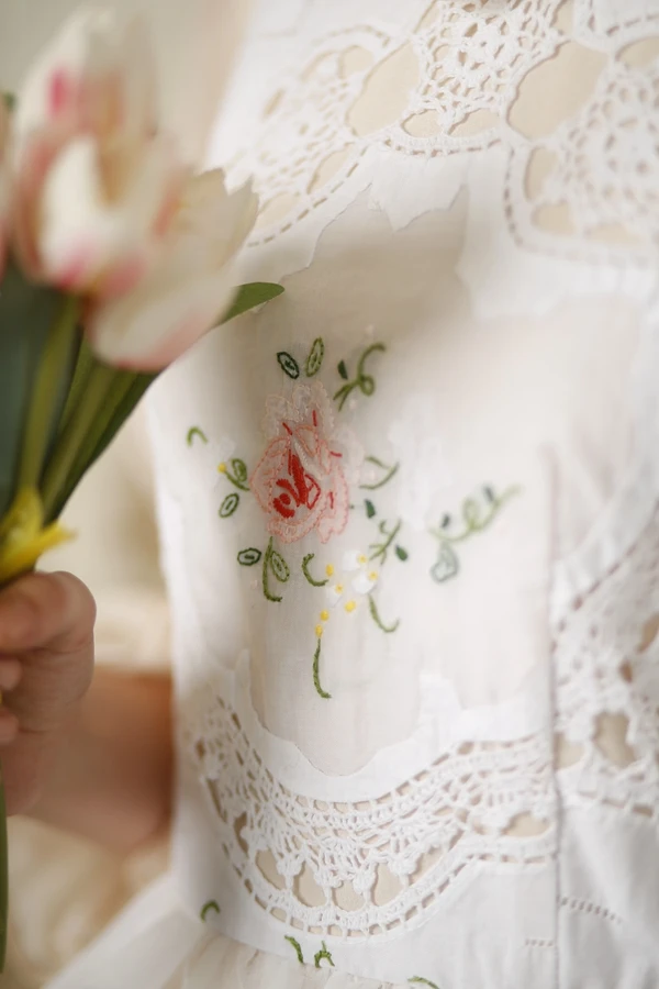 Main Crochet Chinoiserie D'origine Femmes Blanc Broderie La Vintage Conception Patchwork À Antique Printemps Lynette's 2017 Coton Robe Mignon Pf4nHzz