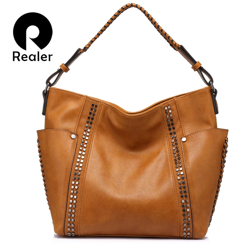 

Fashion women shoulder bag female casual tote bag ladies handbag large capacity with Rivet and Ruched Brown/Gray