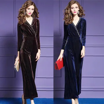 

Spring Fall Fashion Elegant Women Ladies Rhinestone Beading V Neck Black Velour Jumpsuits , Autumn Womens Velvet Overalls Pants