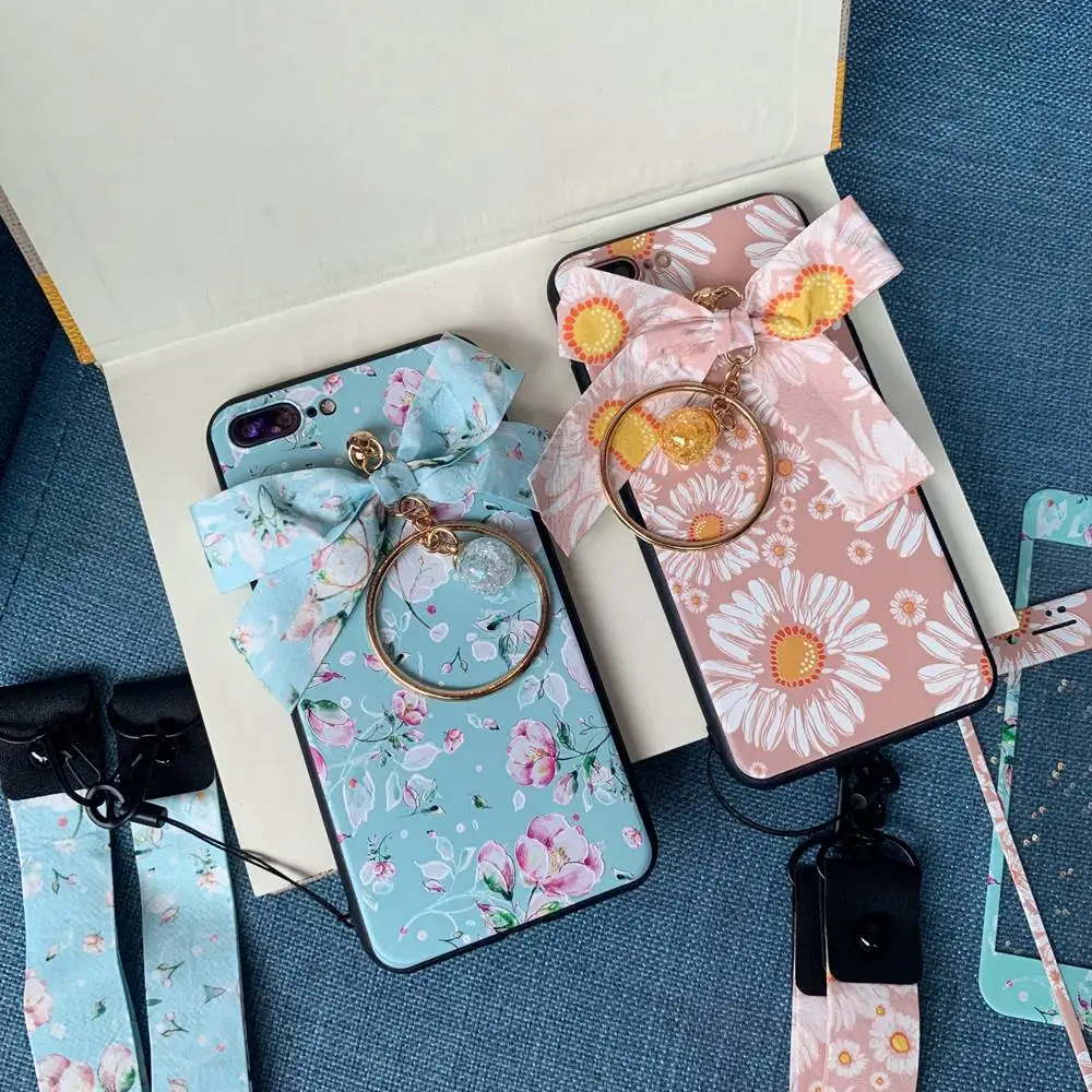 KISSCASE 4 шт. чехол с цветочным принтом для IPhone X XS XR MAX защитная пленка + кольцо-бантик
