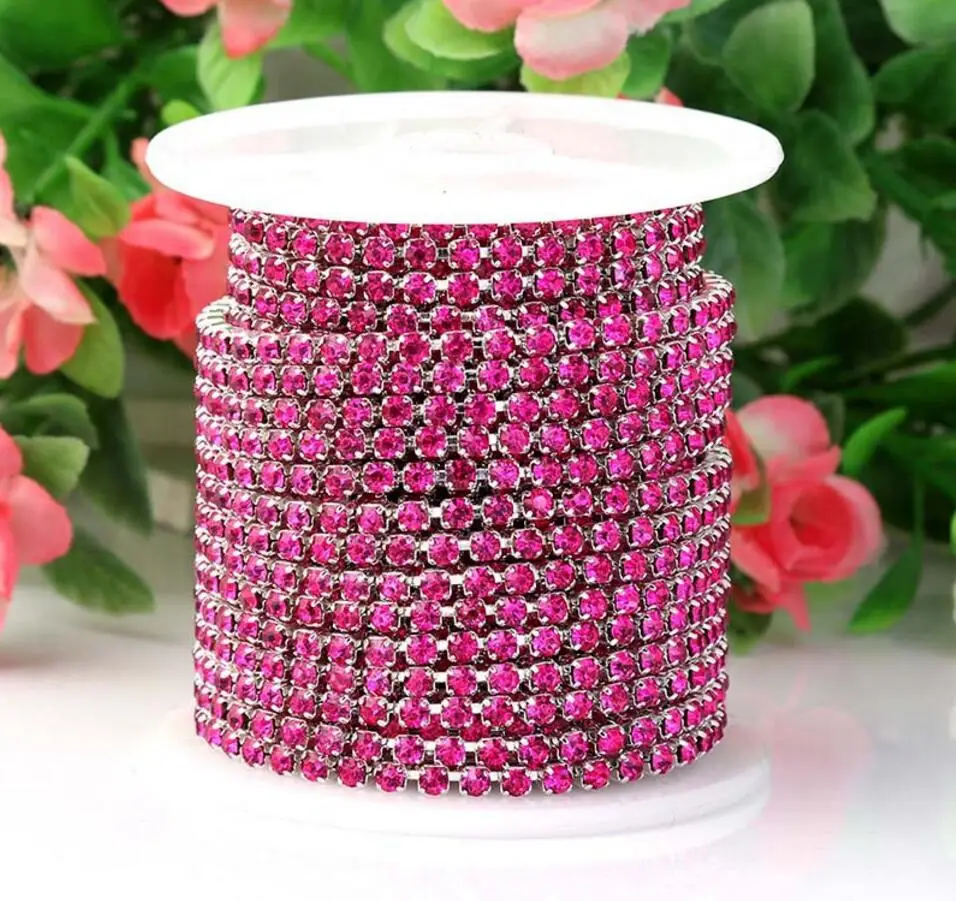 

10 Meters SS8.5 2.5mm Hot Pink Diamond Crystals Rhinestones Silver Plated Setting Chain Trim Sewing Bags shoes Headband