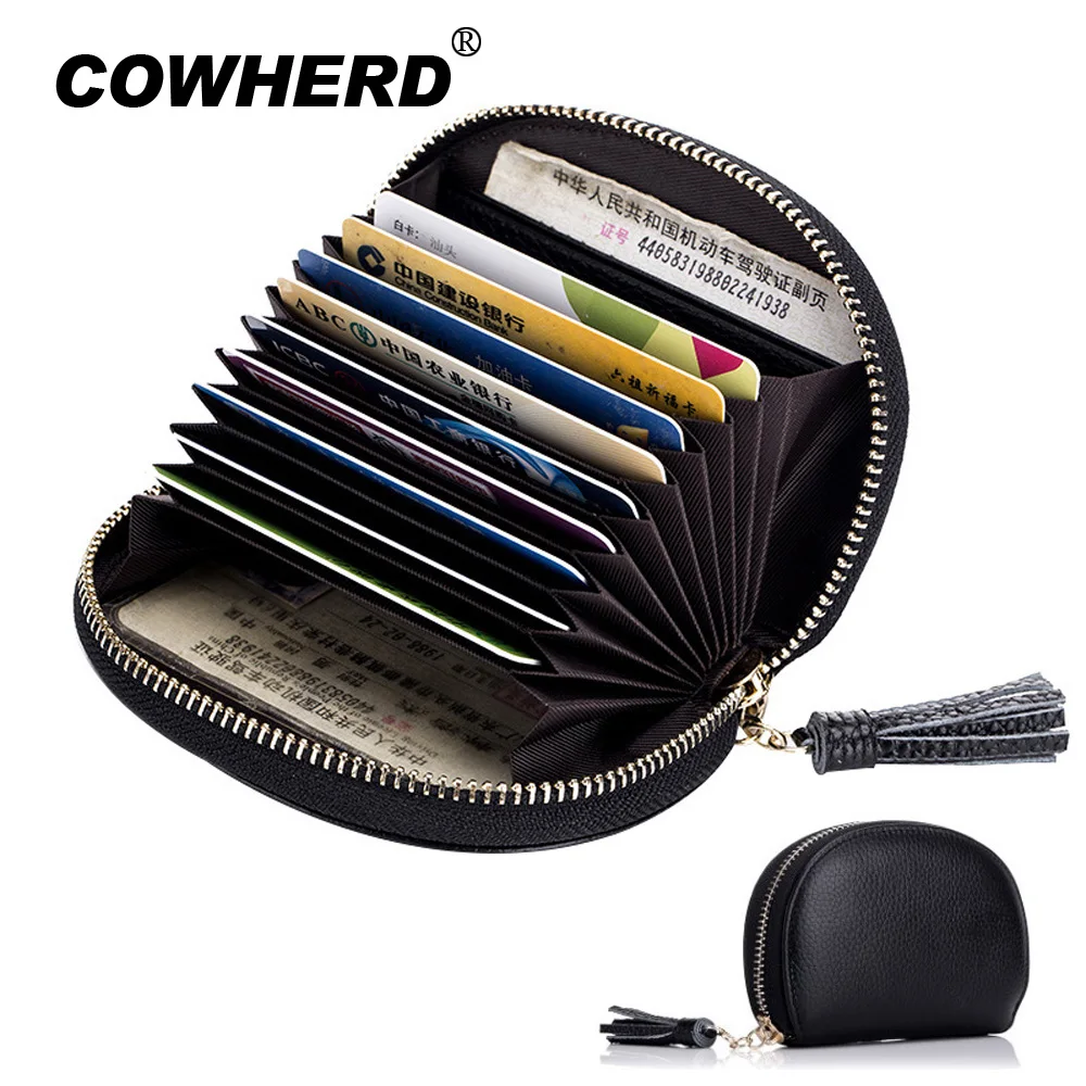 

Fashion Top Layer Genuine Cow Leather Women Card Holder Zipper Female ID Credit Card Case RFID Blocking Mini Wallet tassel gifts