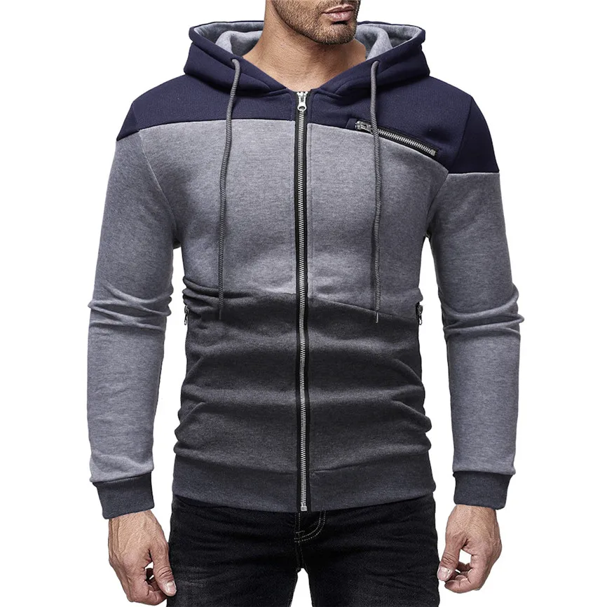 

Men's Jacket Hooded Sportswear Men's Autumn Winter Color Patchwork Hooded Zipper Pocket Sweatshirt Coat Man Jacket Windproof