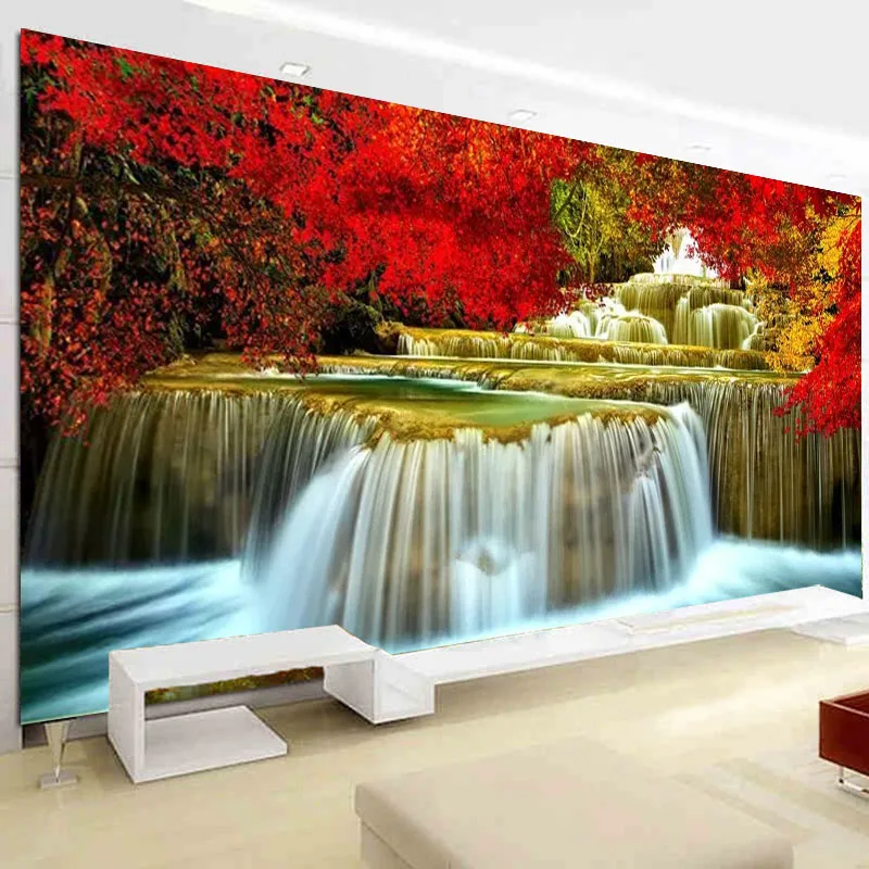 Flash Deal 195x85cm Red Maple Forest Waterfall DIY Precise Printed Full Cross Stitch Embroidery Kit Needlework Handmade Counted Craft Gift 1