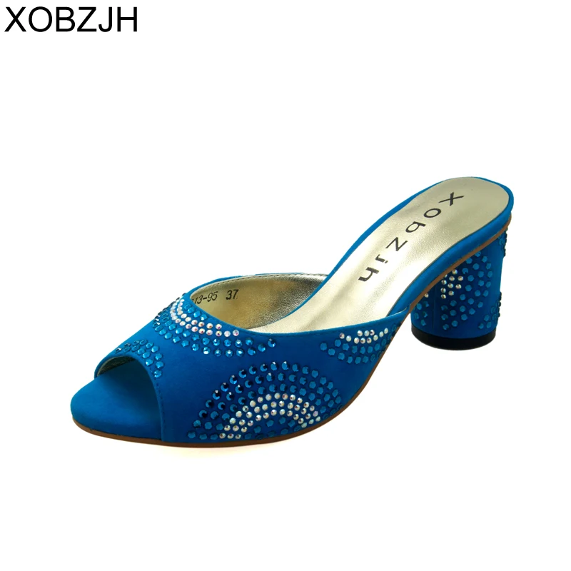 

XOBZJH Woman Sandals 2018 Summer Shoes Women Genuine Leather Peep Toe Rhinestone Ladies Block Heel Sandals 2.5 Inch Plus Size