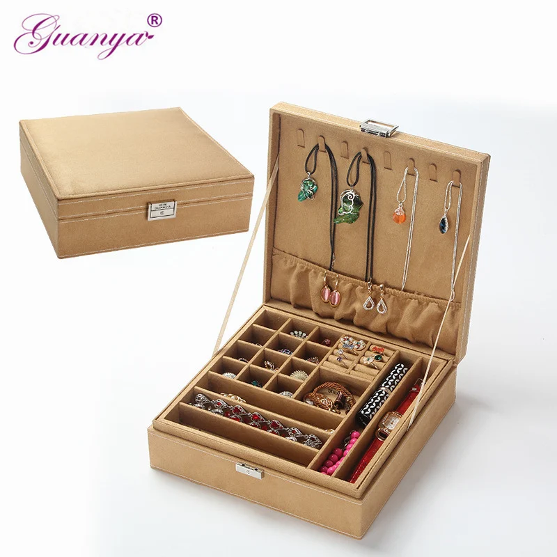 Guanya brand High Quality flannel large square wooden jewelry box Multi