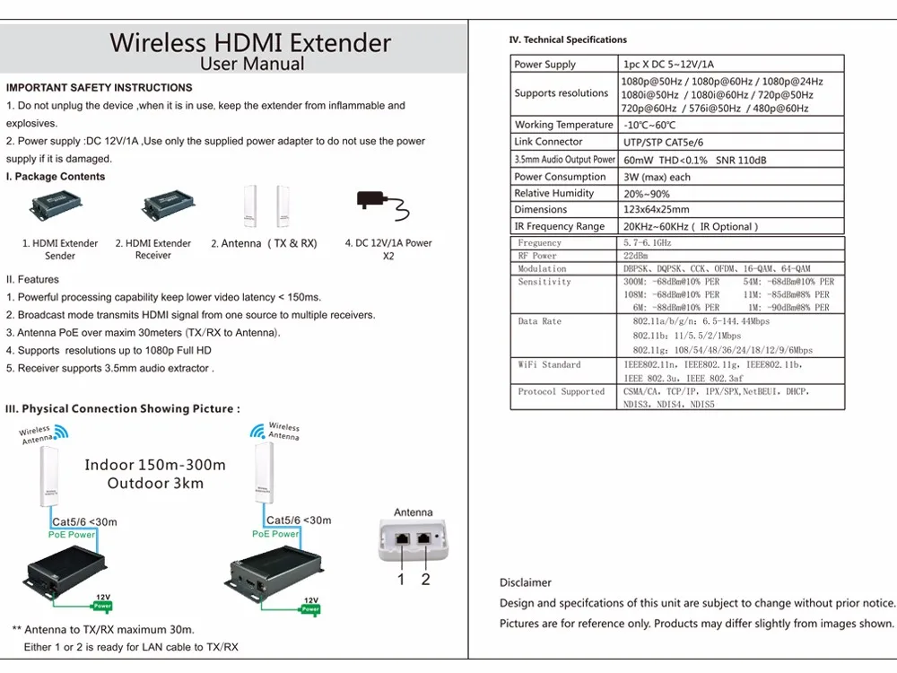 5.8GHZ HDMI Wireless Extender Support 1080P HDMI Wireless Extender Support Outdoor 3KM Wireless HDMI Transmission Extender