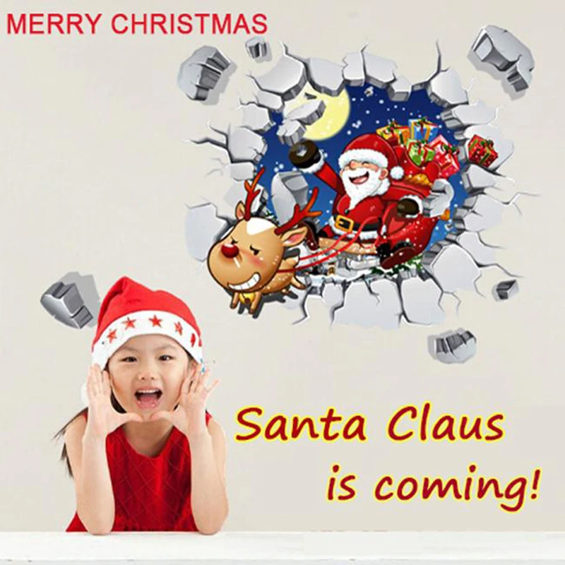 DIY 3D Removable Christmas Broken Wall Stickers Santa Claus Reindeer Decals Mural