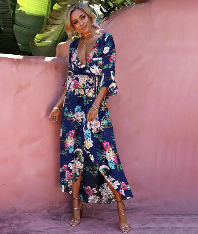 Цветочный принт летнее платье макси Для женщин Винтаж V образным вырезом сарафан пляжное Весна 3/4 Flare рукавом Boho Vestidos - Цвет: Navy