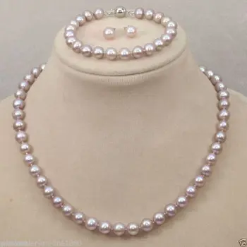 

9-10mm natural south seas pink purple pearl necklace bracelet earrings