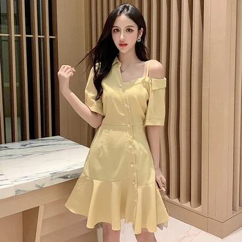 

Sexy Off Shoulder Dress Women Korean Fashion Buttons Irregular Summer Dress 2019 Ruffle Yellow Mini Elegant Vestidos Mujer S-XL