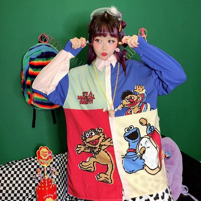 Harajuku стиль Childlike мультфильм цвет с длинным рукавом Тонкая карта рубашка рубашки для женщин