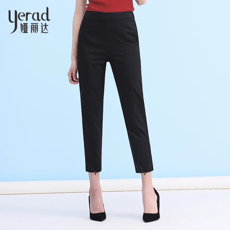 YERAD Zipper Hem Pencil Pants Women Black Elastic High
