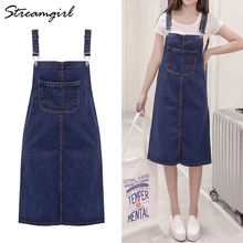 Streamgirl джинсовая юбка размера плюс, юбки для женщин, летняя джинсовая миди юбка с высокой талией, юбки на лямках с карманами для женщин, синий цвет