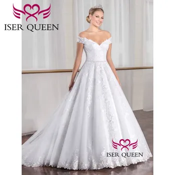 

Cap Sleeves Fantastic Embroidery Sexy V-neckline Bridal Dress Vogue Court Train Pure White Vestido De Novia Vintage w0018
