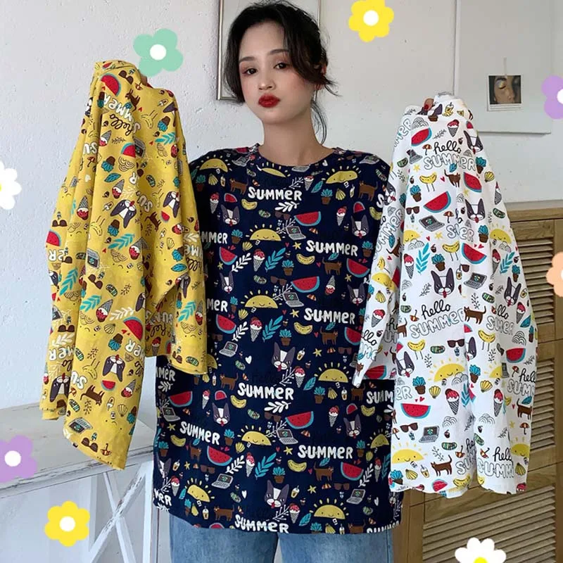 الكورية kawaii الوردي الأبيض T قميص المرأة قصيرة الأكمام يا الرقبة تي شيرت الصيف جديد قمم عارضة المحملة قميص أوم المتناثرة المرأة التي شيرت