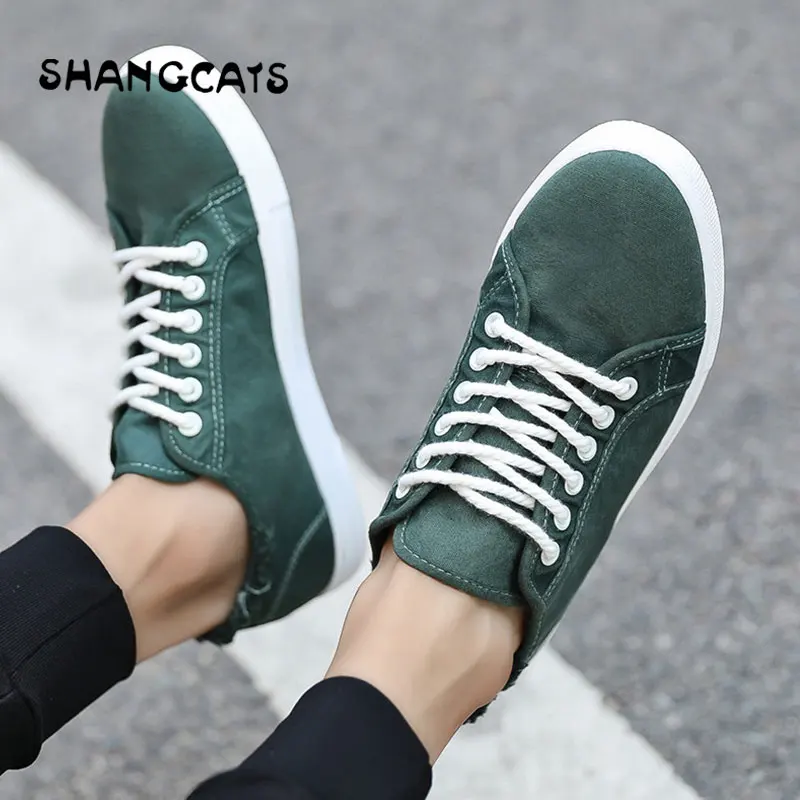 Men Canvas Shoes 2018 Fashion Solid Color Men Vulcanized Shoes Lace up Casual White Couple Shoes Men Sneakers Espadrilles Green|Men
