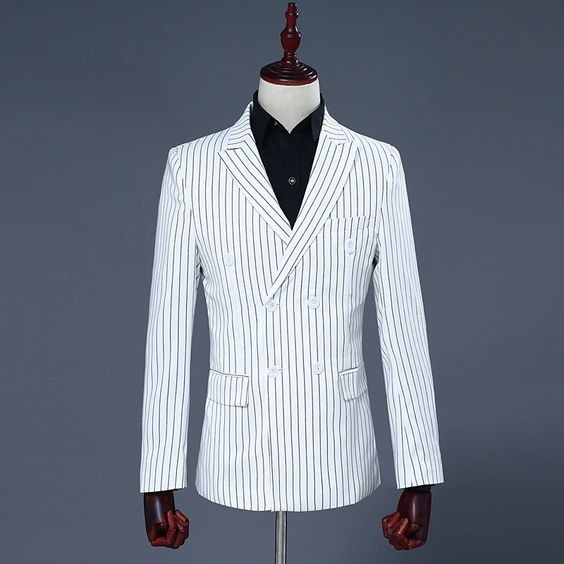 Модные Белые в полоску двубортный костюм Для мужчин 2018 брендовые свадебные смокинг для жениха костюм из 2 предметов (куртка + брюки) для