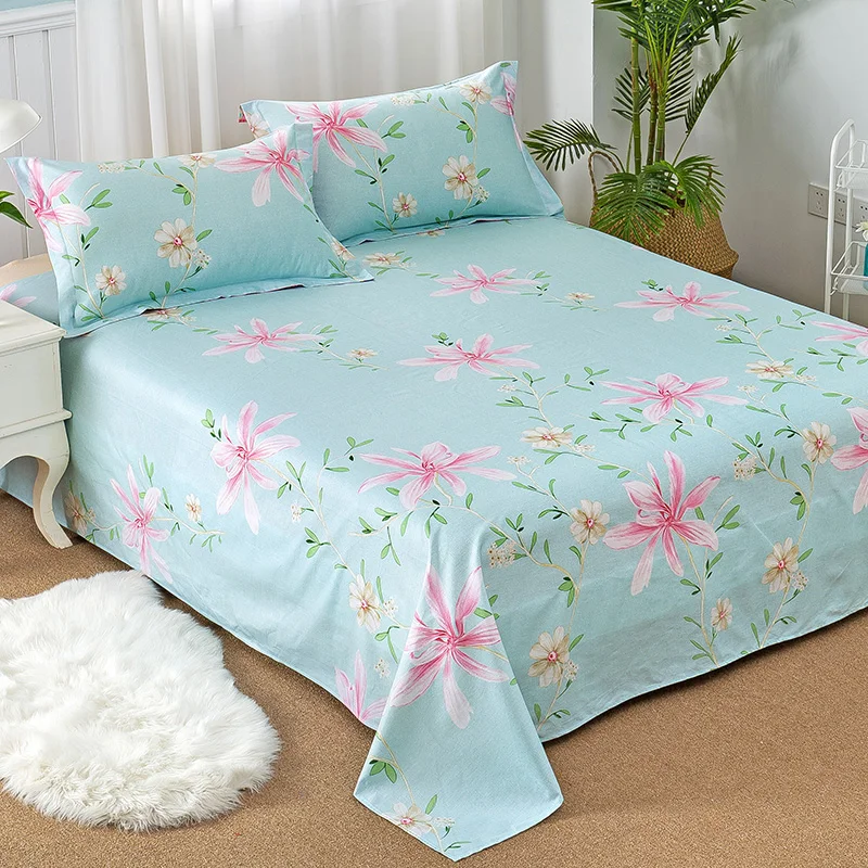Fashion bed sheet cotton pink blue flower king queen full size flat