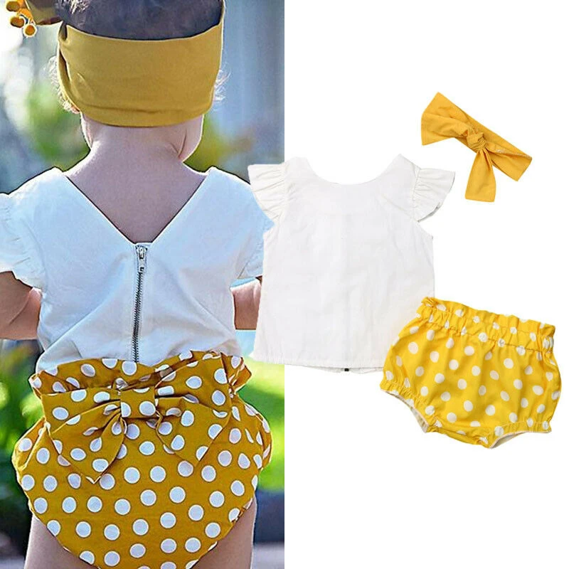 

Newborn Kids Baby Girls Summer Fly Sleeve Zipper T-Shirts Polka Dot Ruffle Panties Shorts Headband 3Pcs Girl Cute Outfit 0-18M