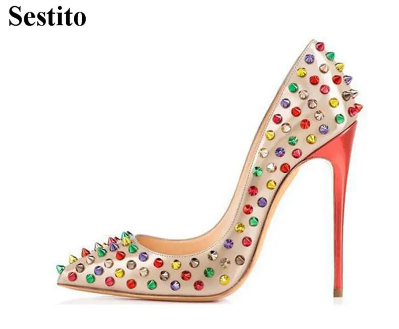 

Newest Fashion Multi Color Rivet Pumps Women Pointed Heels Super High Heels Casual Pumps Thin Heels Slip-on High Heels Shoes