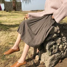 Модная вязаная плиссированная юбка, Женская Зимняя юбка с высокой талией Falda Larga Mujer, Женская Теплая эластичная юбка, женская зеленая серая