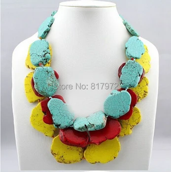 

Hot Sale Special Design Handmade Gift stone Slice Red Yellow Colors Mixed Necklace Exaggerated Necklace 3 Layer Jewelry