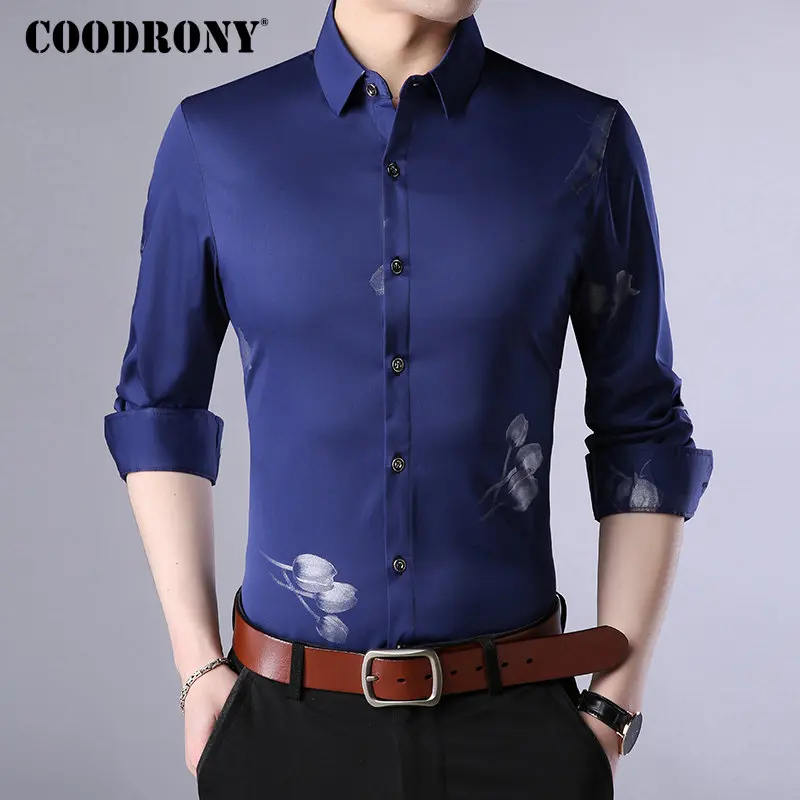 COODRONY повседневные рубашки с модным принтом, рубашка с длинным рукавом, Мужская одежда, осень, Новое поступление, приталенная рубашка, мужская рубашка 8745 - Цвет: Синий
