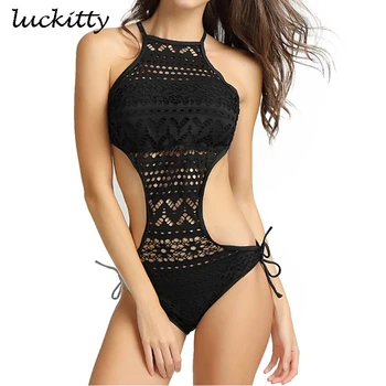 

Sexy Backless Black Mesh Hollow Cut Out Trikini High Neck Bathing Suit Monokini Thong Swimwear Women One Piece Swimsuit
