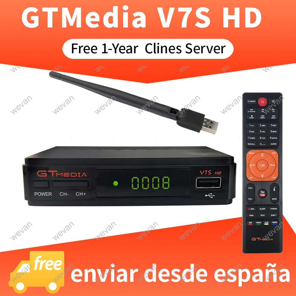 

1 Year Europe Spain DE Cline Server Genunie Freesat GTmedia V7S HD DVB-S2 Satellite Receiver Full HD 1080P With 1PC USB WiFi