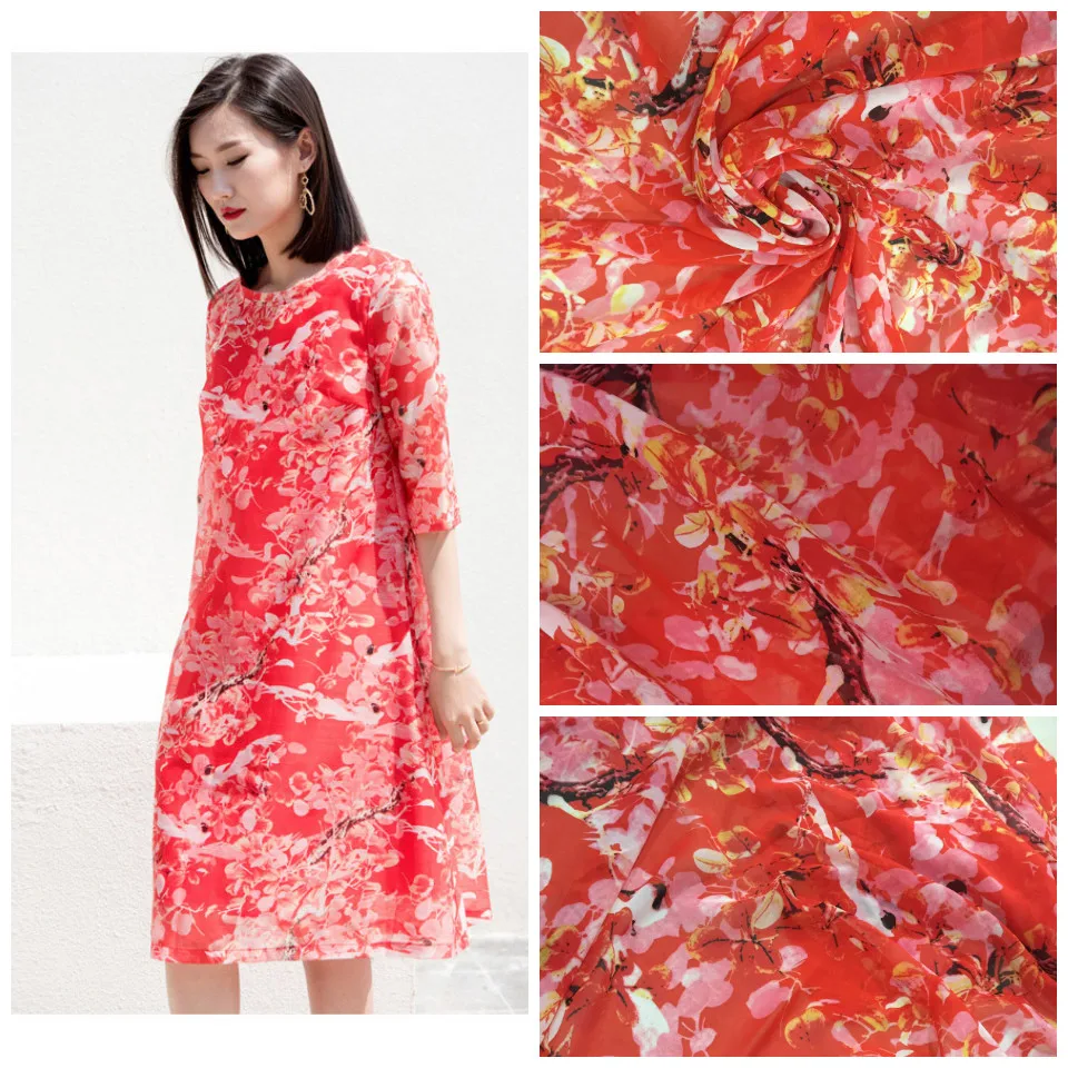 

2018 Free Shipping Flower Printed Chiffon S Japanese And Korean Bohemian Women's Dresses High-grade Clothing Materials Fabrics