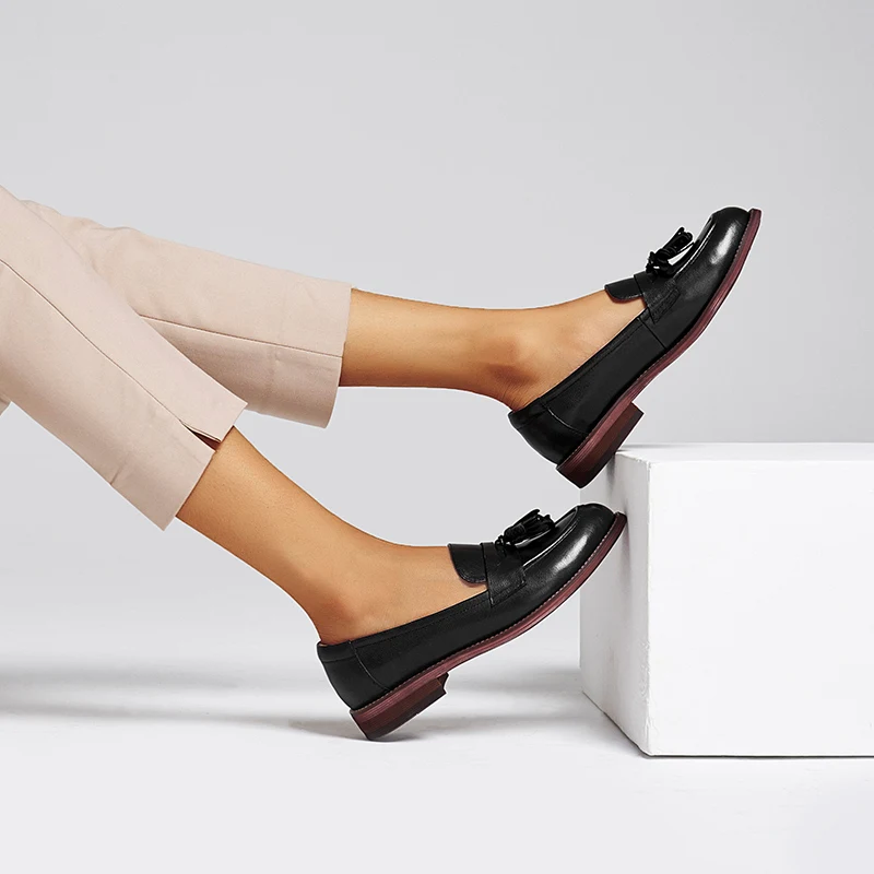 BeauToday Tassels Penny Loafers Women Waxing Sheepskin Genuine Leather Pointed Toe Ladies Slip On Flat Shoes Handmade A27075