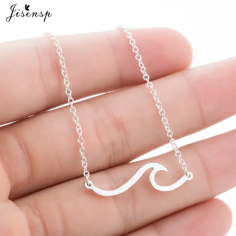 Jisensp Stainless Steel Wave Necklace Pendant Beach Surfer Jewelry for Women Ocean Wave Charm Choker Necklaces Collar