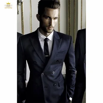 

New Style Double-Breasted Navy Blue Groom Tuxedos Groomsmen Mens Wedding Suits Prom Bridegroom (Jacket+Pants+Tie)