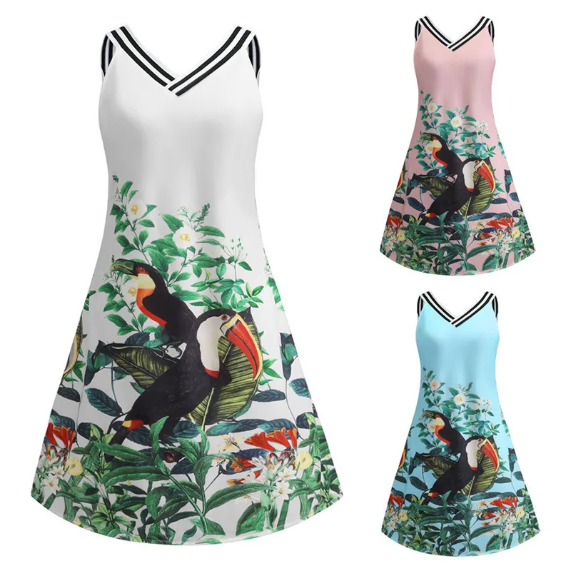 

Feitong Vintage Dress Women Bodycon Sleeveless V Neck Floral Bird Print Party Tank Mini Dress A-Line clothes Summer Dress 2019