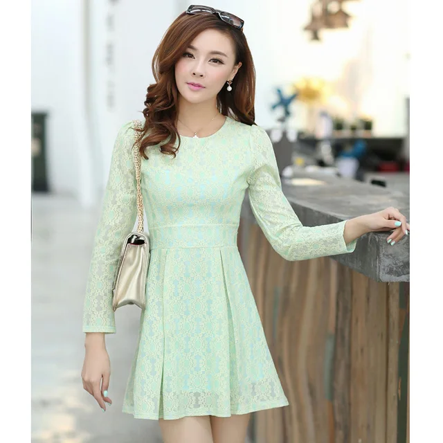 2015 New Cute Korean Style Long Sleeve O neck Lace Dress Pink Green