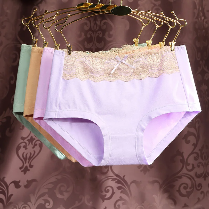 Uskincare Panties 4 Pieces/lot Lace Women Cotton Brief Underwear Mid-waist Solid Panties Breathable Ladies Underpants Female