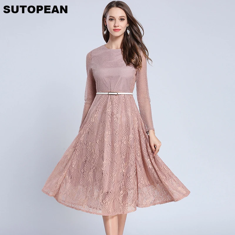 

SUTOPEAN 2018 Autumn Women's Lace Dress Mesh Splice High Waist Temperament Bare Pink Soot Blue Lady Dresses For Women Vestio Jur