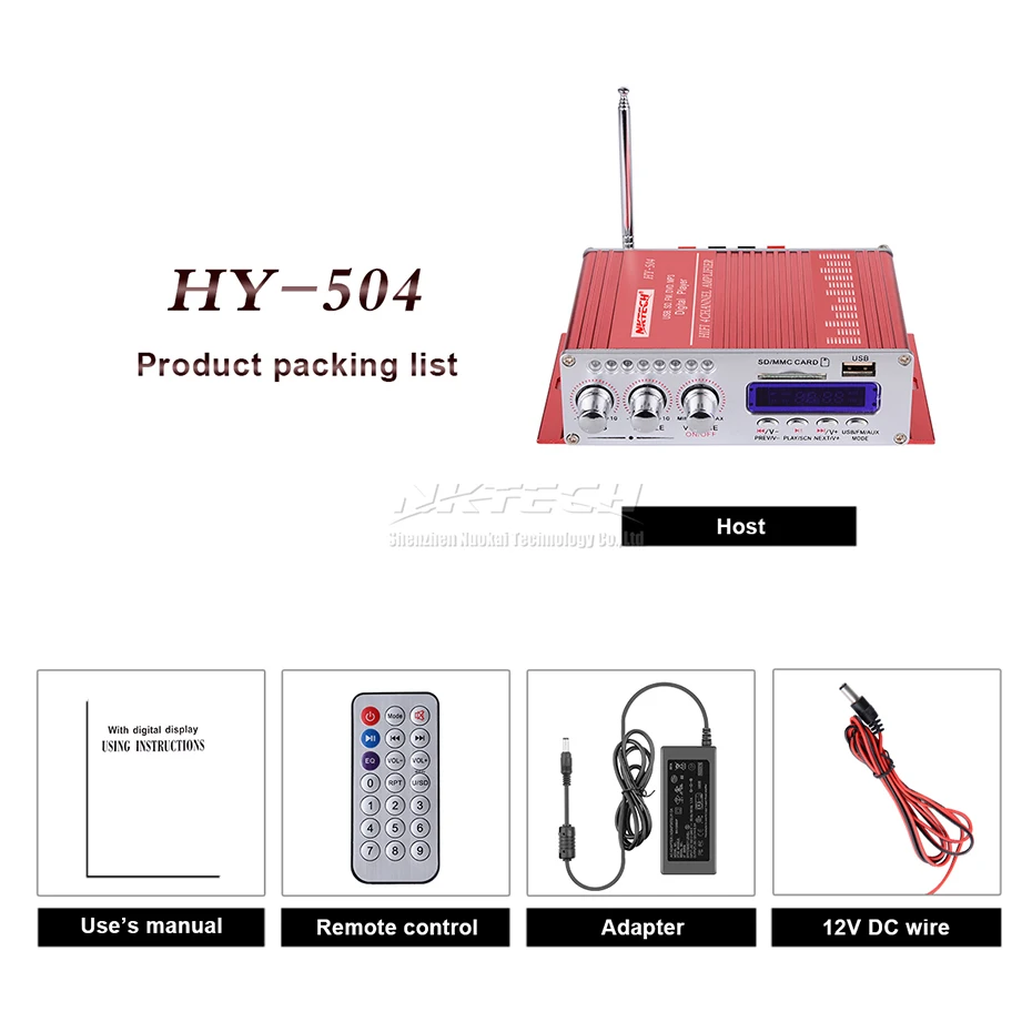 NKTECH HY-504 автомобильный аудио высокой мощности Цифровой усилитель 4CH x 45 Вт Hi-Fi FM радио плеер Поддержка SD USB DVD MP3 мотоцикл