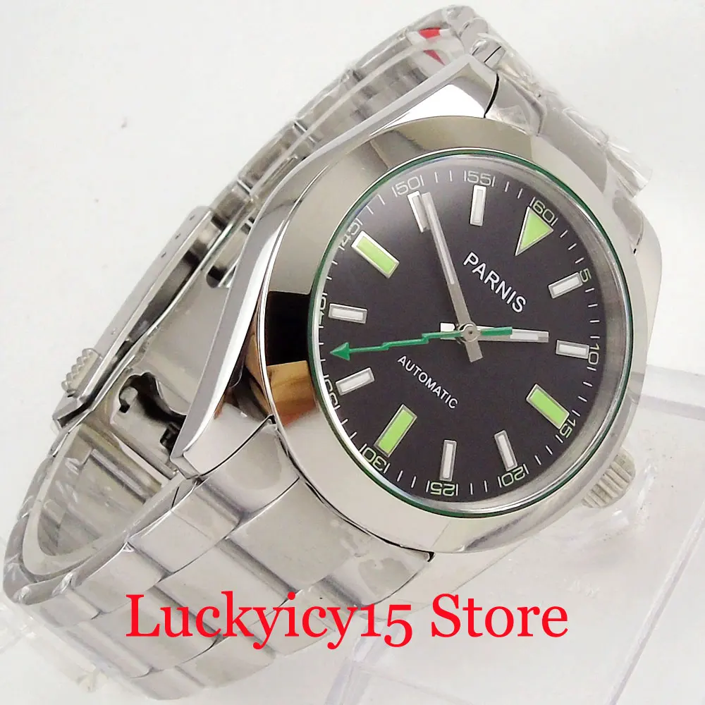 

Fashion PARNIS Polished 40mm Sapphire Glass Flash Hand Luminous Marks Bracelet Mental Strap Automatic Men's Watch