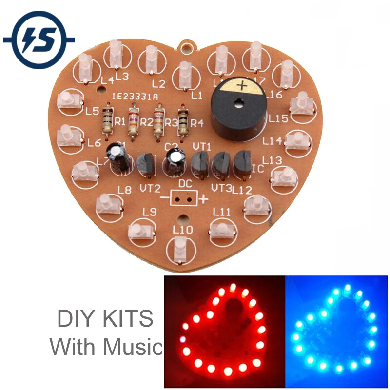 

2pcs DIY Kit Music Flash Light Kits 18 LEDs Heart-Shaped Red Green Dual-Color Flashing Happy Birthday Music Gift Electronic