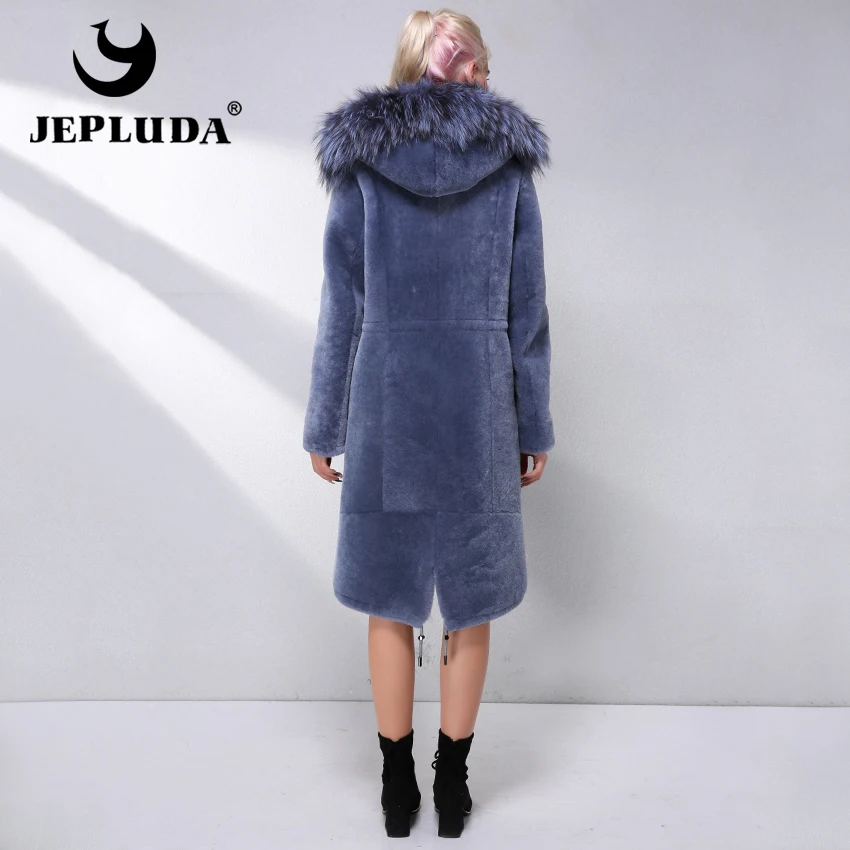 JEPLUDA Шуба Натуральный Мех овчины Австралийский На Капюшон Лисы Реальный