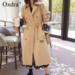 Oxdra для женщин 2019 демисезонный Классический плащ хаки пальто Длинная Верхняя одежда свободные должны иметь базовая одежда с поясом
