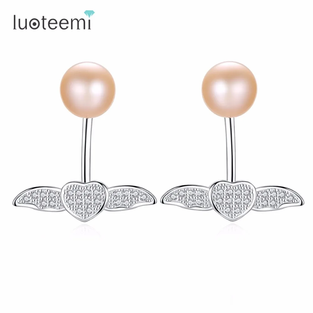 

LUOTEEMI Drop Earrings 925 Sterling Silver Freshwater Natural Pearl Feather Shape Double Side Fashion Vogue Jewelry For Women