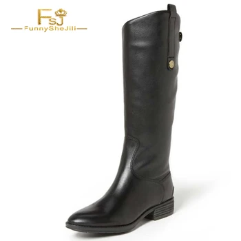 

Women Black Mid-calf Boots Round Toe Casual Boots by FSJ Shoes Patent Leather Flat Motorcycle Boot Buckle Strap Winter Big size